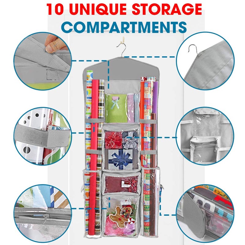 ProPik Hanging Double Sided Christmas Wrapping Paper Storage Organizer With Multiple Pockets, Organize Gift Wrap, Bows, Ribbons - 40"X17" Fits 40 Inch Rolls - Clear PVC Bag (Grey) - Image 3